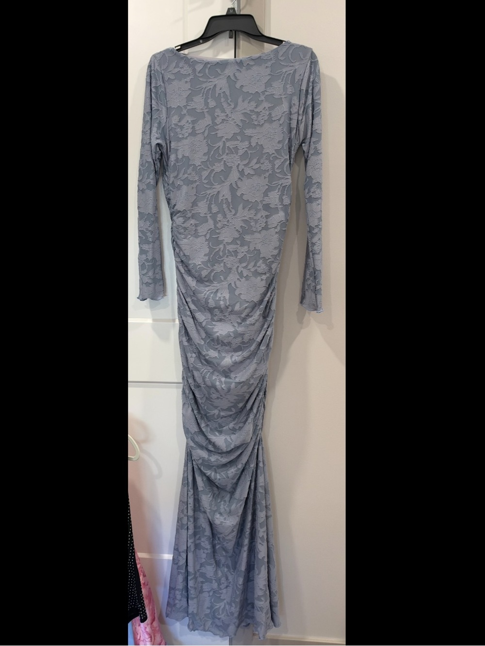 Elegant Light Blue Long Sleeve Ruched Lace Maxi Dress